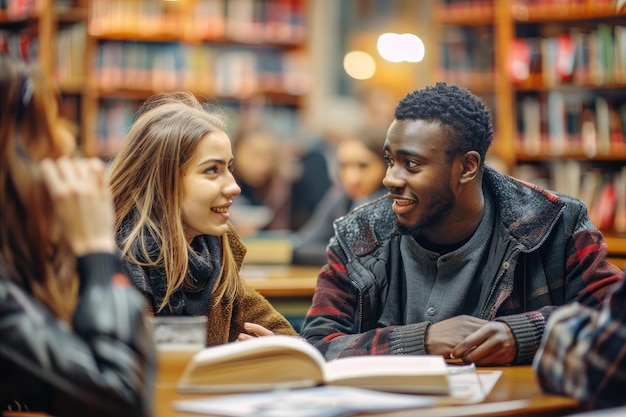 Friends talking while studying in library