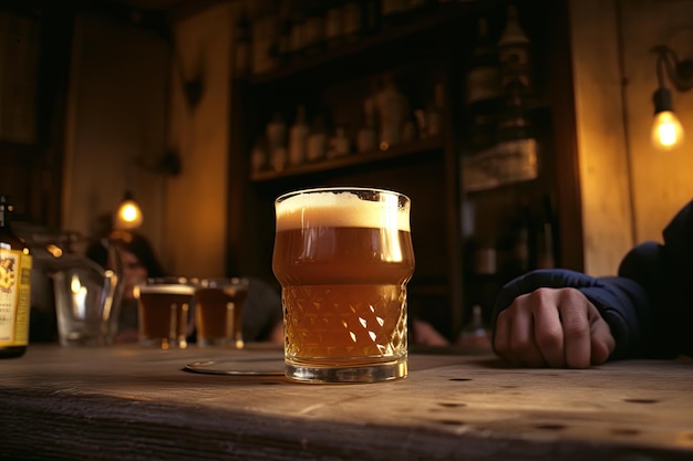 Friends toasting in cozy bar sparkling amber beer generative IA