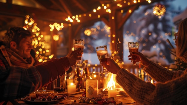 Friends toasting drinks at a festive holiday dinner surrounded by warm lights and decorations enjoying the cozy atmosphere