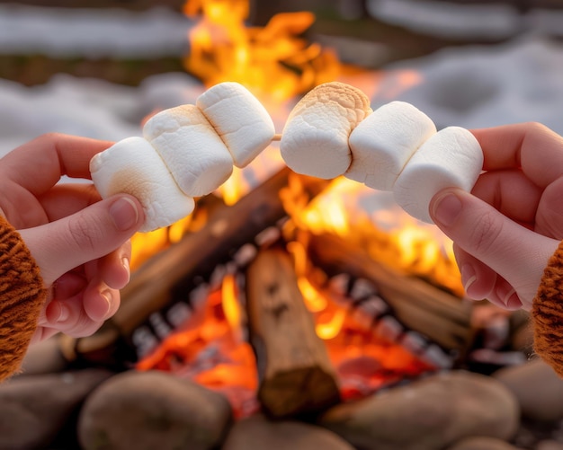 Friends Toasting Marshmallows Over a Cozy Winter Fire Creating Warm Holiday Memories with Laughter