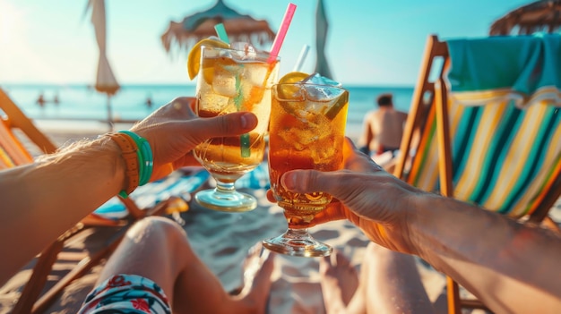 Photo friends toasting with drinks while relaxing on beach loungers