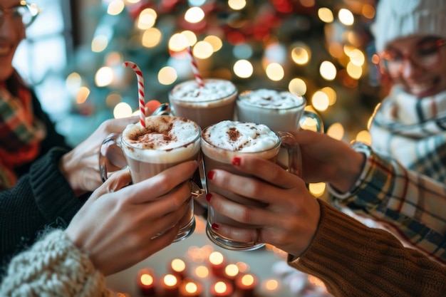 Photo friends toasting with hot cocoa at a christmas party