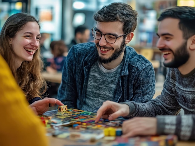 Friends trying out new board games at a lively game night gathering