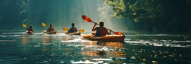 Friends united in a serene kayaking adventure exploring picturesque waters and basking in the sunlight