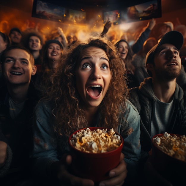 Friends watching comedy movie at the cinema and laughing out loud