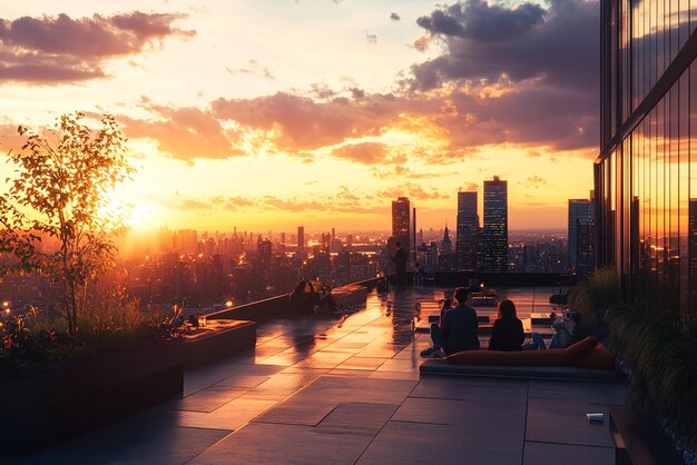 Photo friends watching the sunset from a rooftop terrace