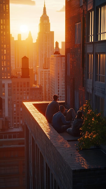 Photo friends watching the sunset from a rooftop terrace