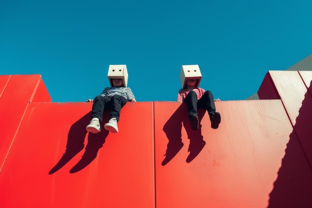 Photo friends wearing robot masks on a retaining wall under a clear blue sky