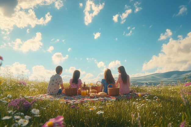 Photo friends with picnic baskets in a meadow