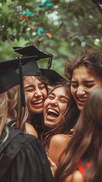 Photo friends with tearful joy after graduation ceremony