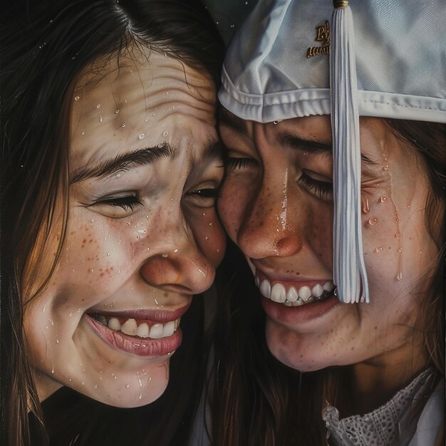 Photo friends with tearful joy after graduation ceremony