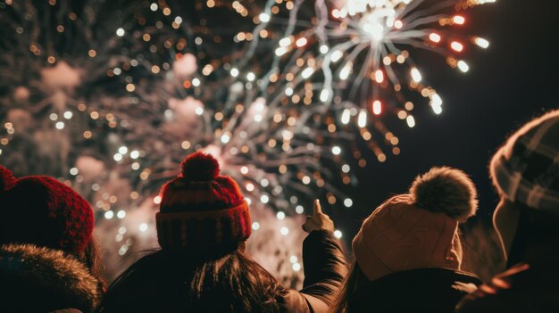 Photo friends wrapped in cozy attire observe a nighttime fireworks show