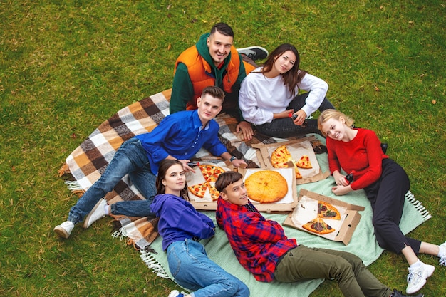 Friends young funny beautiful enjoy pizza and socializing on a picnic in nature together