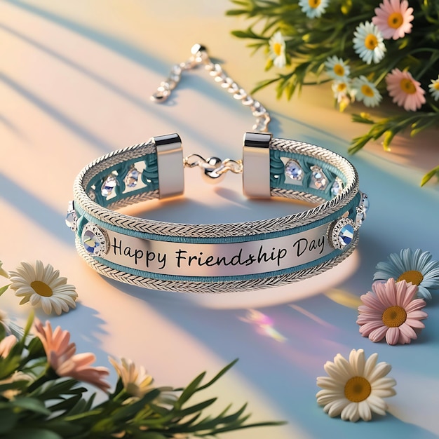 Friendship bracelet Female hand with Concept of Happy friendship day