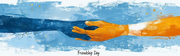 Photo friendship day artistic poster with intertwined blue and orange hands on textured blue background perfect for cards and posters