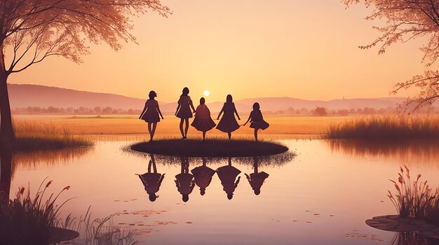 Friendship day background with people silhouette and a pond in front