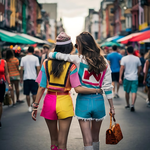 On a friendship day two close friends embraced unity in a colorful city