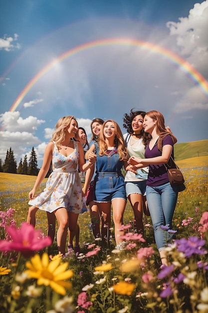 Friendship Day with a bright blue sky and a rainbow