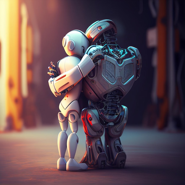 Friendship and support of each other's robots robots hugging robots have feelings Generative AI