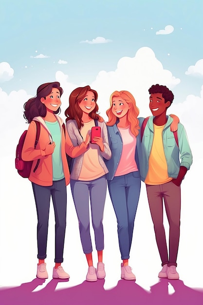 Friendship template banner with an illustration background of friends holding each looking happy