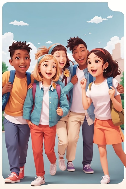 Friendship template banner with an illustration background of friends holding each looking happy