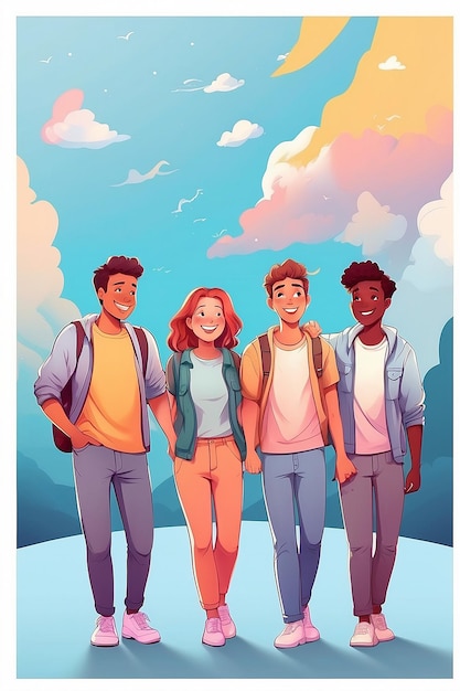 Friendship template banner with an illustration background of friends holding each looking happy