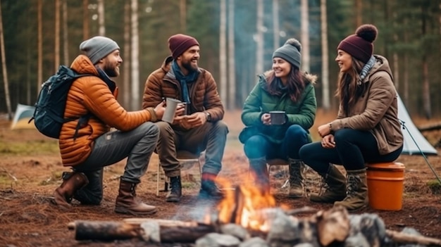 Friendshipbased hikers chatting while relaxing by the fire at their campsite Generative AI and camping