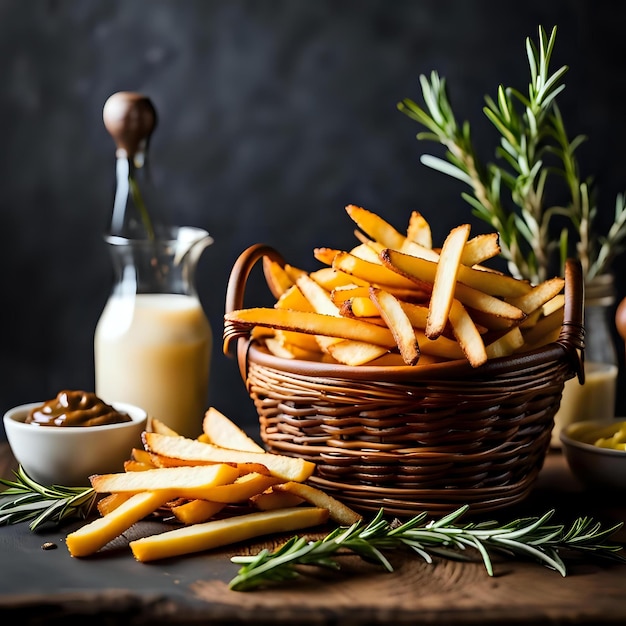 Photo fries overwhelming a wicker basket