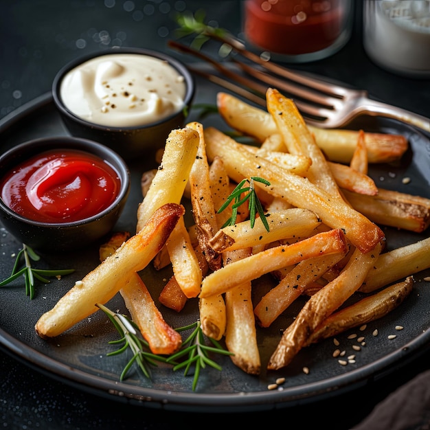 Fries on the plate with mayonnaise and ketchup