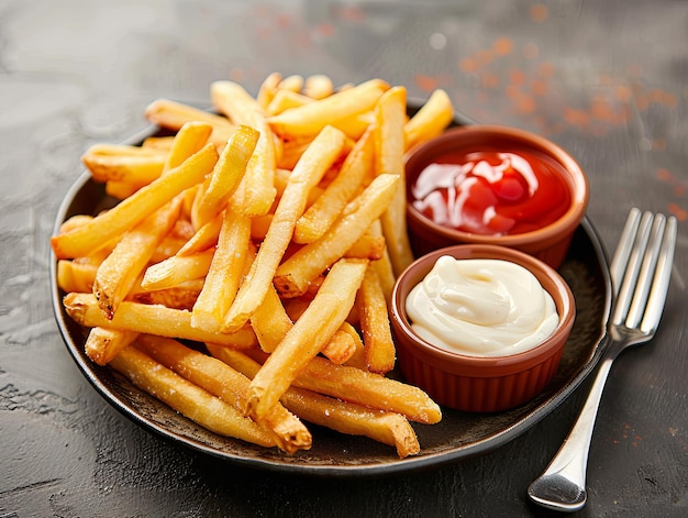 Fries on the plate with mayonnaise and ketchup