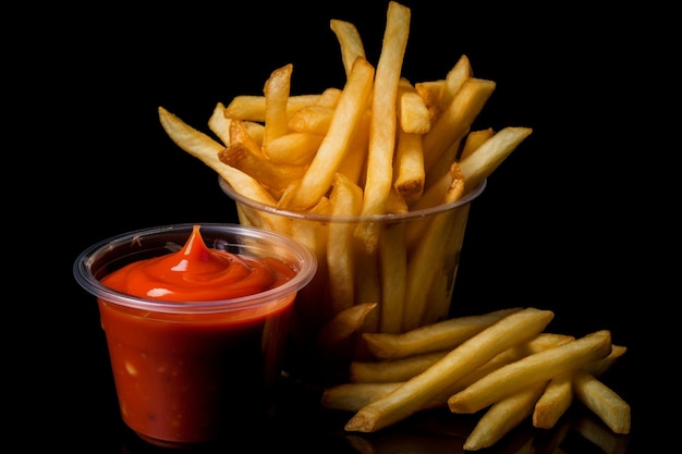 Photo fries with ketchup and mustard in classic fast f