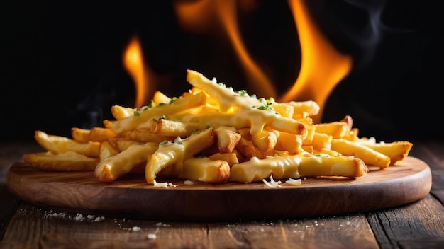 fries on a wooden board with flames in the background