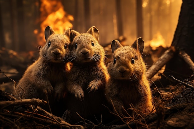 Frightened animal squirrel on the background of a fire in the forest AI generated