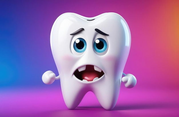 frightened cartoon character of white tooth on colorful background pediatric dentistry stomatology