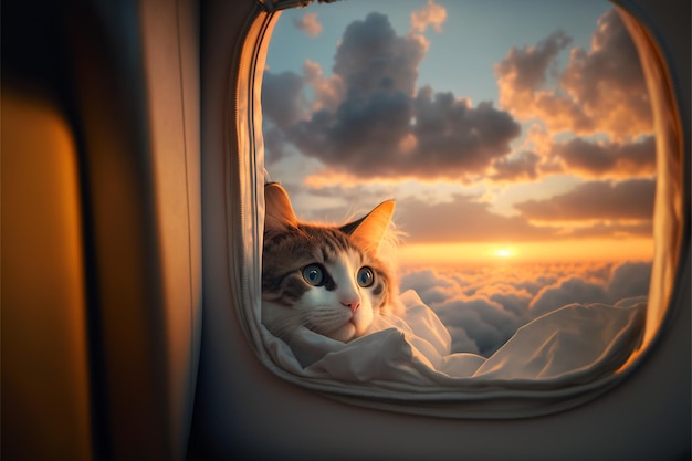 A frightened cat in a carrying bag flies on board an airplane and looks out the window at the clouds transportation of animals in airlines safety during takeoff and landing Generative AI