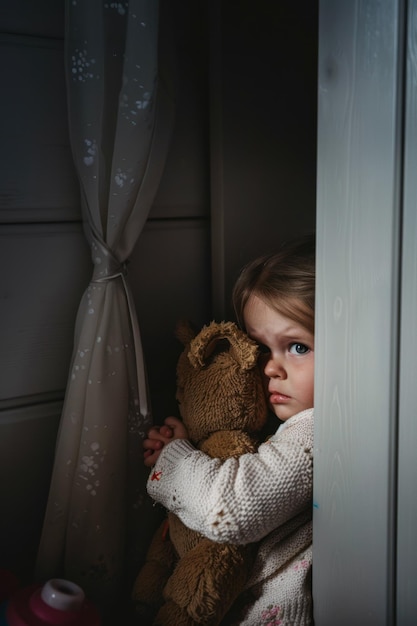 Frightened little girl with a teddy bear in her hands in the corner of the room on floor Child abuse