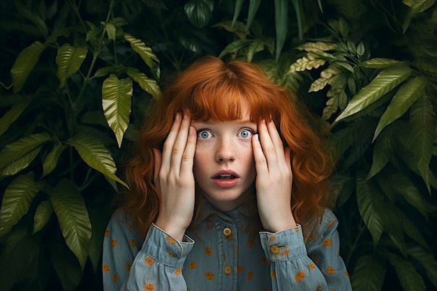 frightened redhead woman holding raised hands palms and looking