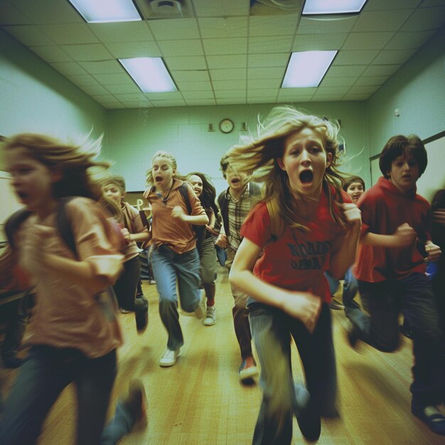 Photo frightened students running out of a classroom