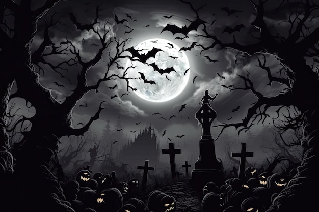 During a frightening dark night with a full moon and bats on a tree a zombie emerges from a cemetery...