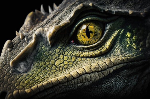 Frightening dinosaur closeup featuring the eerie yellow eyes The pale yellow of the dinosaur eyes