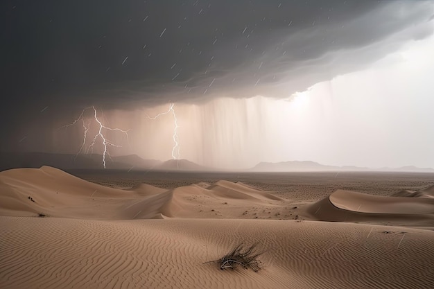 Frightening storm of sand and dust in the desert with lightning strikes and thunder