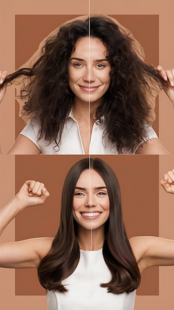 Photo frizz heat damage and hr of a woman isolated on a brown background in a studio back salon treatment