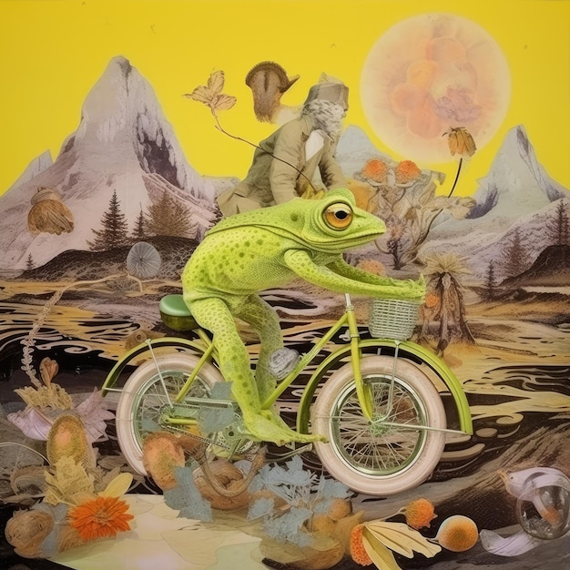 frog bike ride Abstract collage scrapbook yellow retro vintage surrealistic illustration