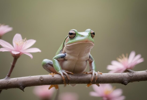 Photo frog on branch with flower