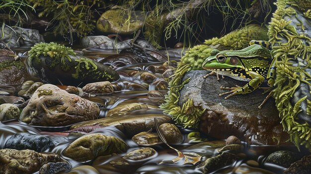 a frog camouflaged among the rocks and mosses