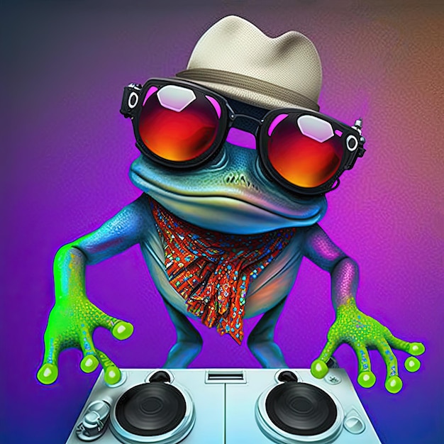 Frog dj in hat and sunglasses Generative AI Not based on any actual scene