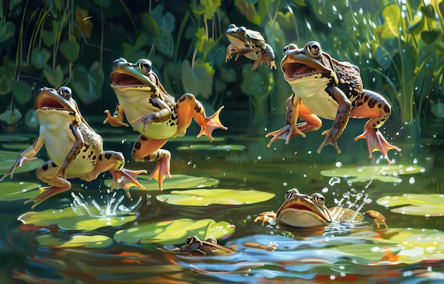 A frog doing leapfrog playfully jumping over other frogs in a lush pond setting