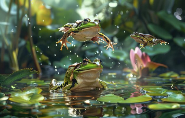 A frog doing leapfrog playfully jumping over other frogs in a lush pond setting