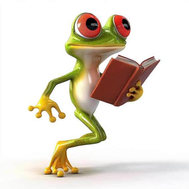 a frog holding a book with a red eye and a green frog on the back