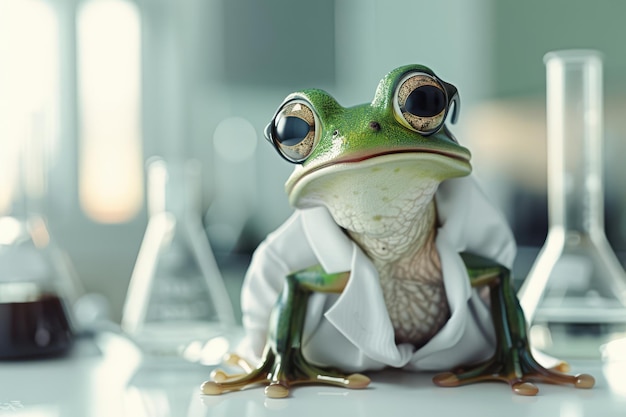 a frog in a lab coat sitting on a table